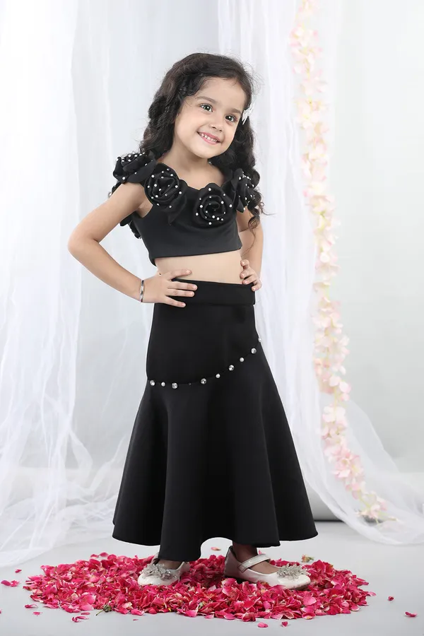 Black_Fabric_Flower_Top_With_Flared_Lehenga_Black