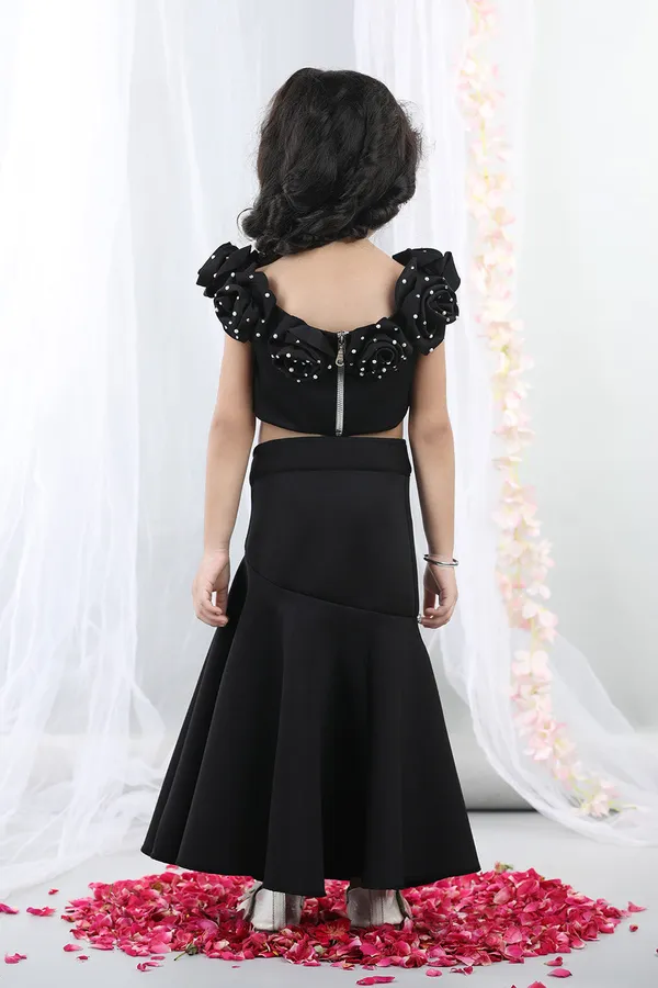 Black_Fabric_Flower_Top_With_Flared_Lehenga_Black