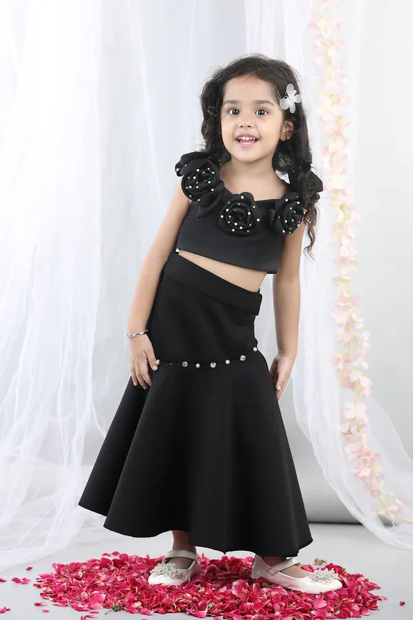 Black_Fabric_Flower_Top_With_Flared_Lehenga_Black