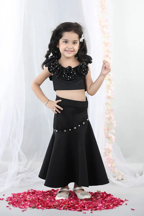 Black_Fabric_Flower_Top_With_Flared_Lehenga_Black