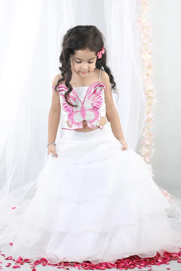 White_3d_Butterfly_Top_With_Layered_Lehenga_White