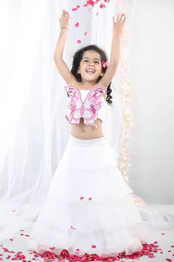 White_3d_Butterfly_Top_With_Layered_Lehenga_White