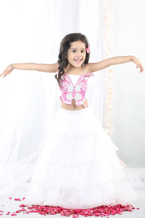 White_3d_Butterfly_Top_With_Layered_Lehenga_White