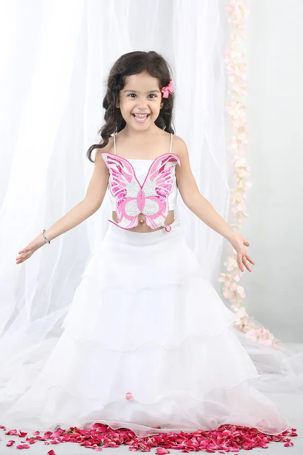 White_3d_Butterfly_Top_With_Layered_Lehenga_White