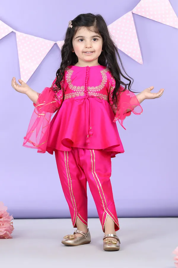 Potli_Button_Detail_Front_Open_Pink_Kurti_And_Dhoti_With_Net_Dupatta_Hot_Pink