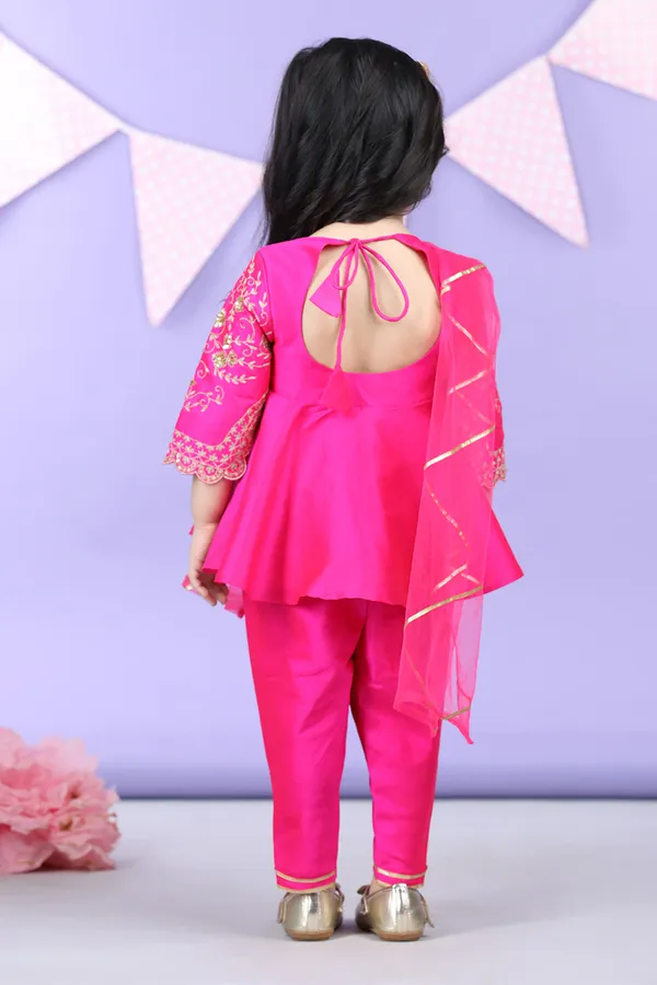 Potli_Button_Detail_Front_Open_Pink_Kurti_And_Dhoti_With_Net_Dupatta_Hot_Pink