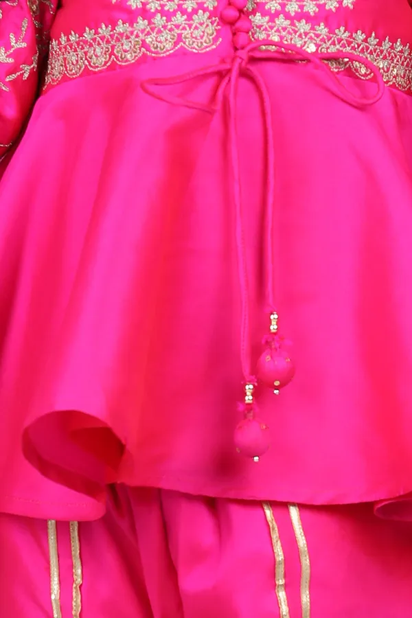Potli_Button_Detail_Front_Open_Pink_Kurti_And_Dhoti_With_Net_Dupatta_Hot_Pink