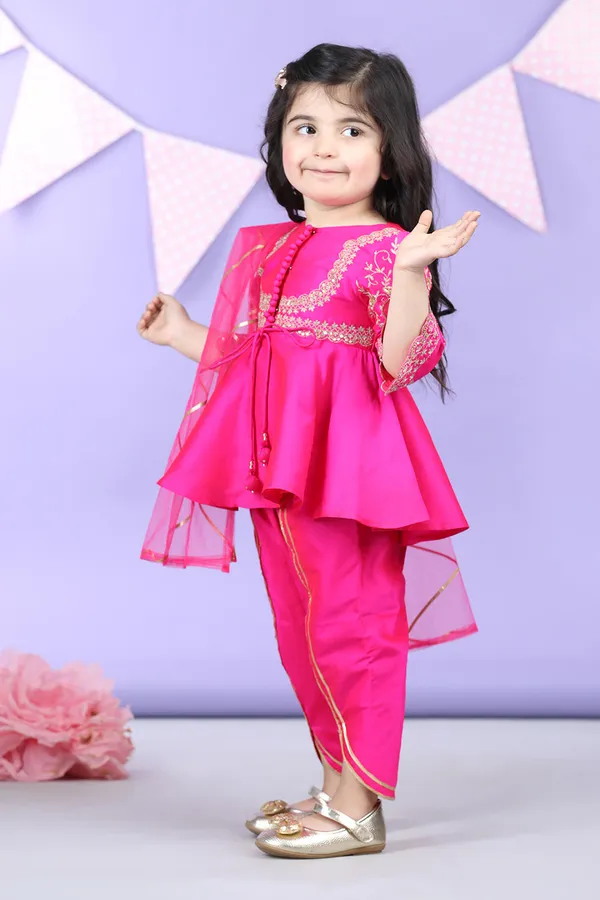 Potli_Button_Detail_Front_Open_Pink_Kurti_And_Dhoti_With_Net_Dupatta_Hot_Pink