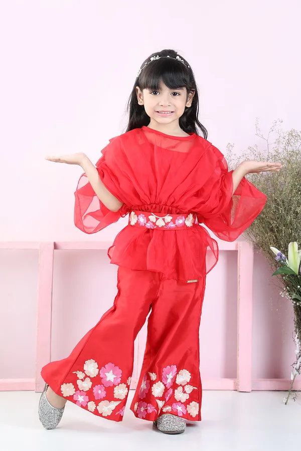 Stylish_Pleated_Red_Top_And_Embriodered_Palazzo_With_Detachable_Belt_Red