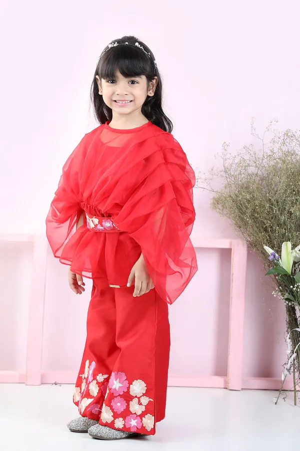 Stylish_Pleated_Red_Top_And_Embriodered_Palazzo_With_Detachable_Belt_Red