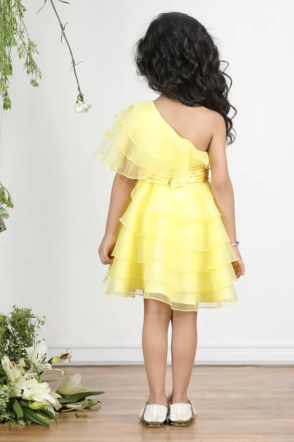 Yellow_Off_Shoulder_Dress_With_Layers_And_Embroiderded_Belt_Yellow
