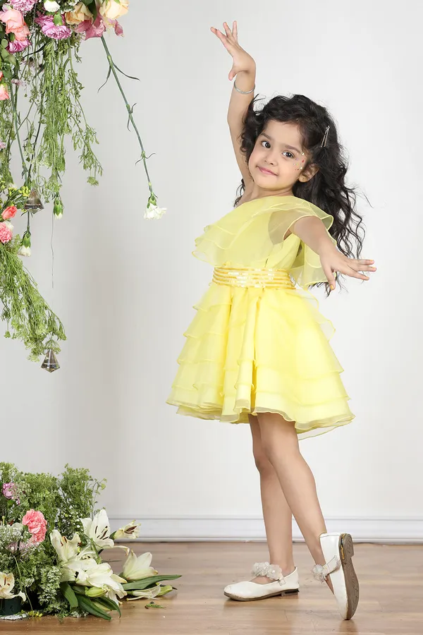 Yellow_Off_Shoulder_Dress_With_Layers_And_Embroiderded_Belt_Yellow