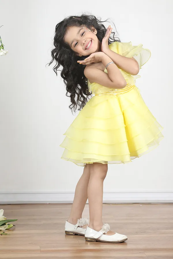 Yellow_Off_Shoulder_Dress_With_Layers_And_Embroiderded_Belt_Yellow