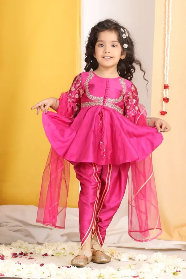 Potli_Button_Detail_Front_Open_Pink_Kurti_And_Dhoti_With_Net_Dupatta_Hot_Pink