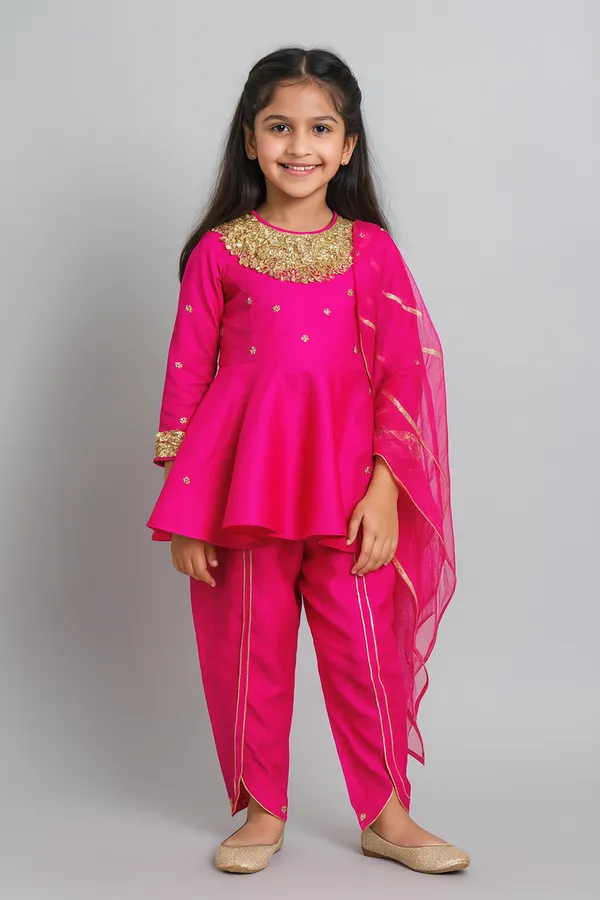 Flared_Pink_Kurti_With_Embroidery_Hot_Pink