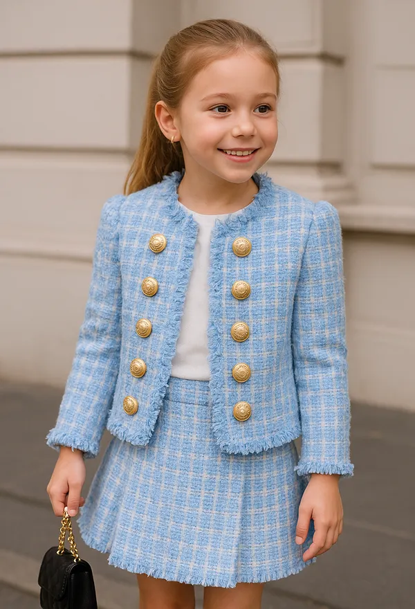 Tweed_Open_Style_Coat_With_Button_Detailing_N_Skirt_With_Pleats_N_White_Top_Light_Blue