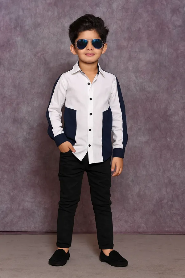 White_And_Navy_Blue_Cotton_Shirt_With_Color_Block_White_And_Navy_Blue