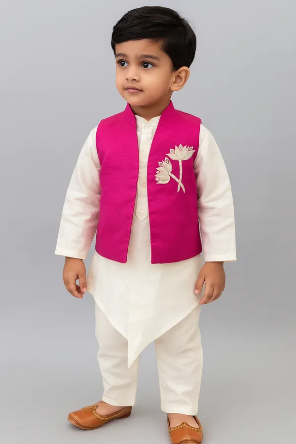 Kurta_Pajama_With_Embroidery_On_Jacket_White_Pink