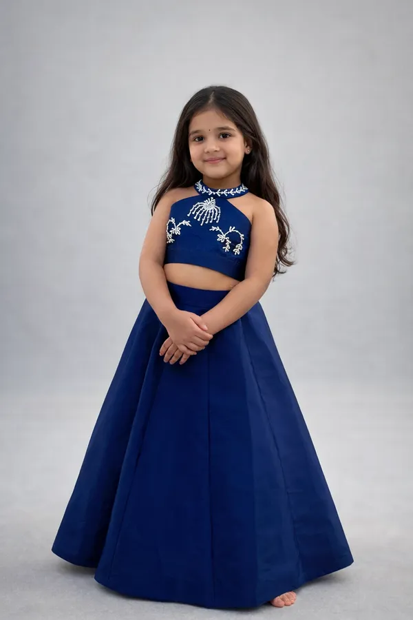 Flared_Lehenga_With_Halter_Blouse_And_Hand_Embroidery_Royal_Blue