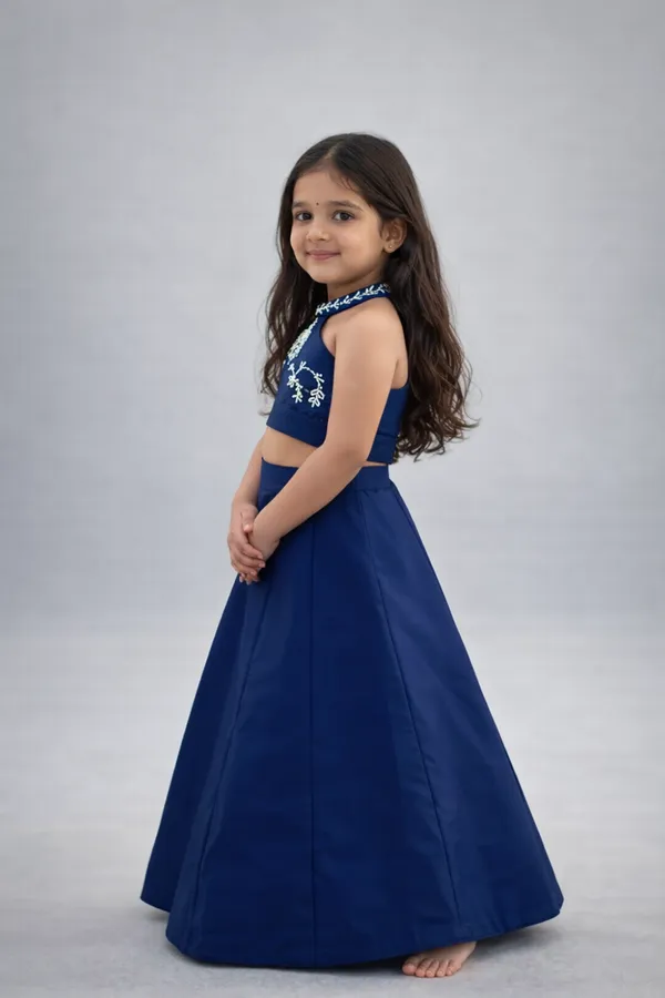 Flared_Lehenga_With_Halter_Blouse_And_Hand_Embroidery_Royal_Blue