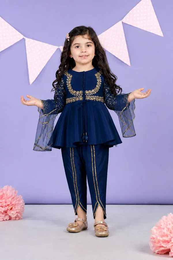 Potli_Button_Detailing_Front_Open_Kurti_With_Net_Detailing_Royal_Blue