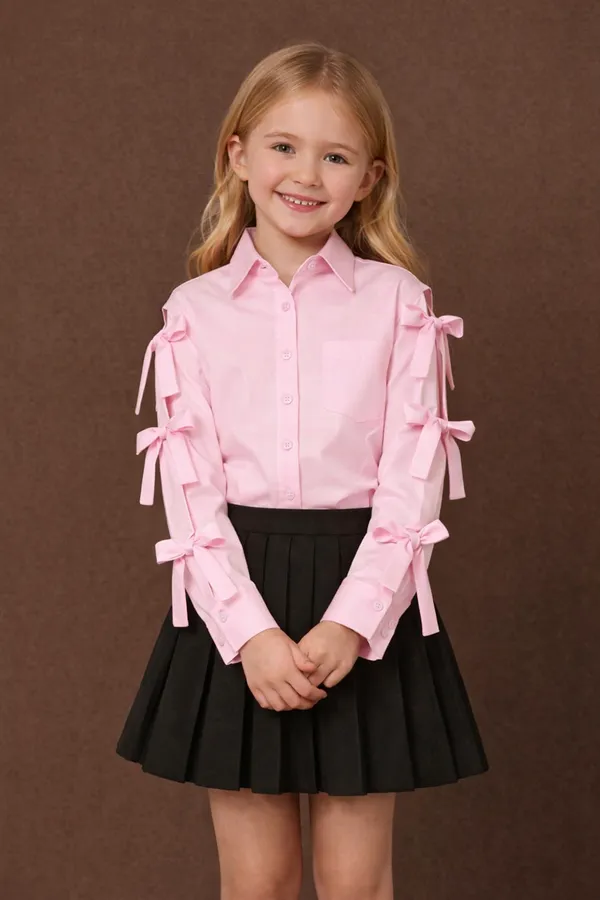 Shirt_With_Sleeve_Tie_Up_Paired_With_Pleated_Skirt_Pink_N_Black