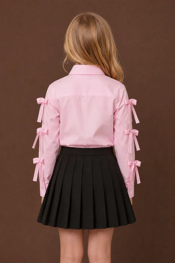 Shirt_With_Sleeve_Tie_Up_Paired_With_Pleated_Skirt_Pink_N_Black
