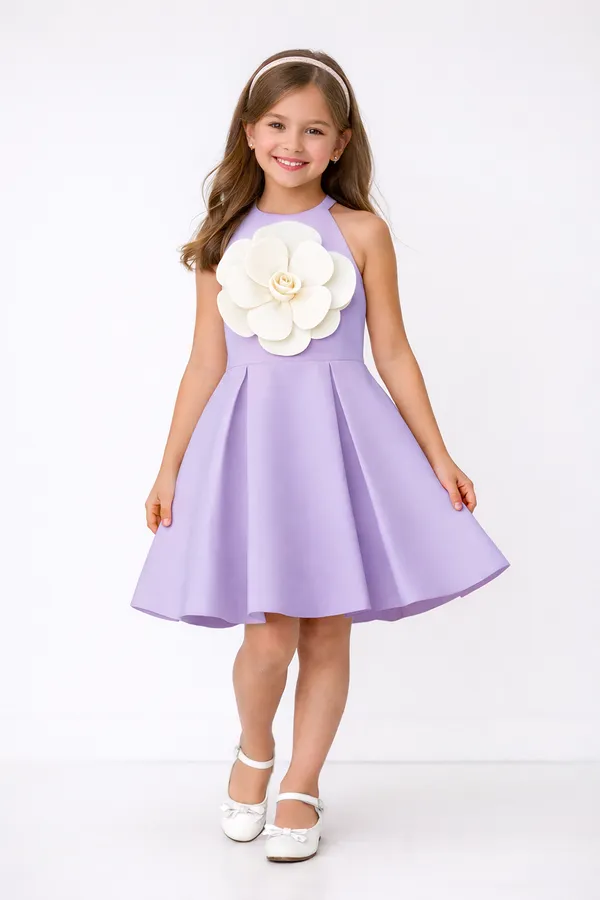 Knee_Length_Dress_With_3d_Flower_Lilac