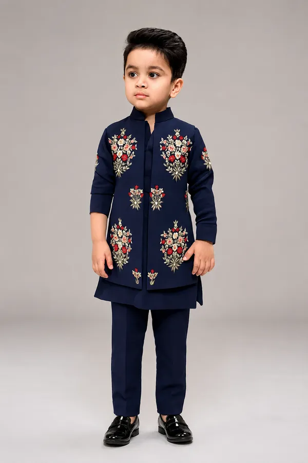 Boys_Kurta_Pajama_With_Handcrafted_Floral_Embroidery_Jacket_Blue