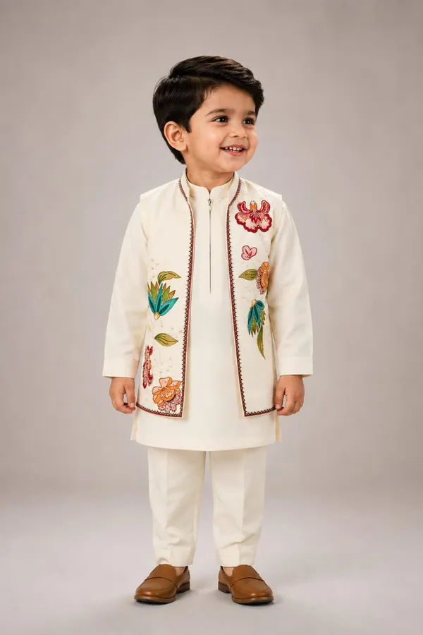 Boys_Kurta_Pajama_With_Floral_Motif_Jacket_Off_White