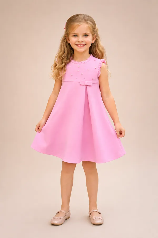 Pink_A_Line_Dress_With_Pearl_Embellishments_And_A_Bow_Detail_Pink