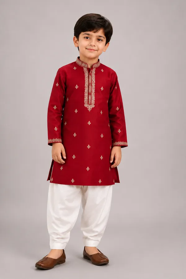 A_Ruby_Red_Floral_Embroidery_Kurta_Paired_With_White_Salwar_Ruby_Red