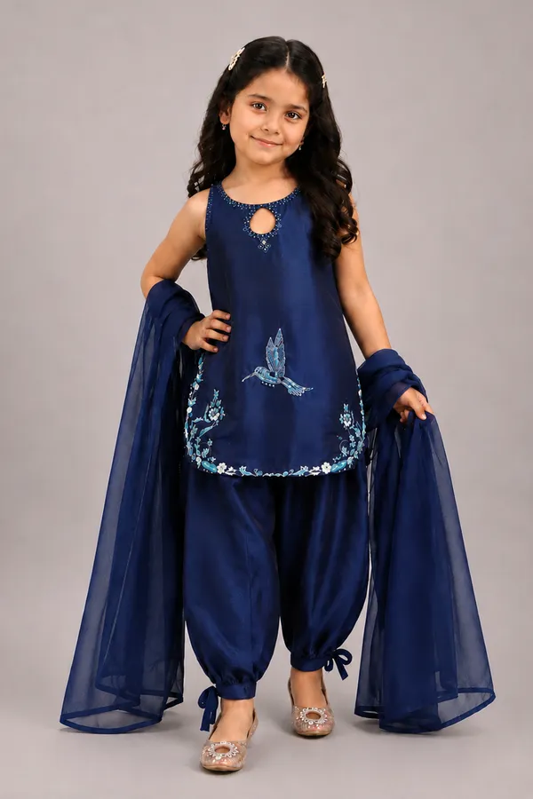 A_Navy_Blue_Suit_With_Delicate_Floral_Embroidery_And_Paired_With_Tulip_Pants_Navy_Blue