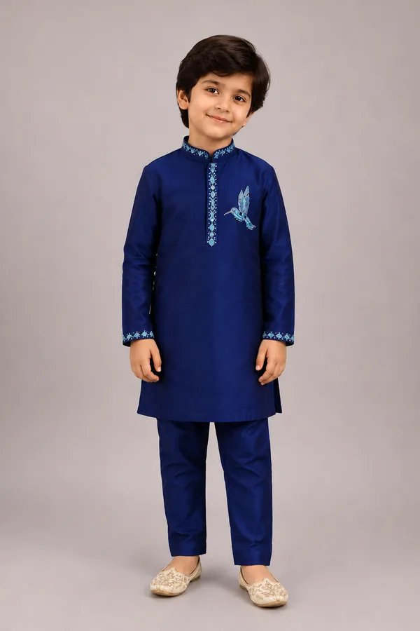 A_Regal_Navy_Blue_Kurta_Set_With_Floral_Embroidery_Navy_Blue