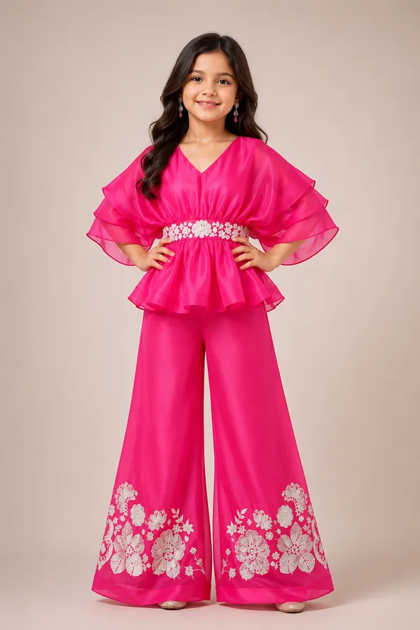 Vibrant_Hot_Pink_Organza_Peplum_Indo_Western_Set_With_Floral_Embroidery_Hot_Pink