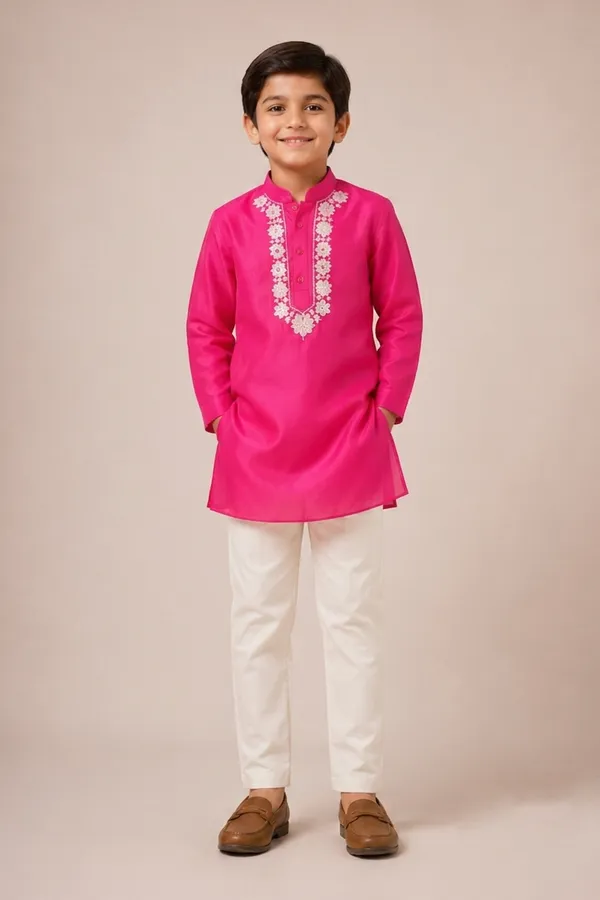 Vibrant_Hot_Pink_Embroidered_Kurta_Paired_With_White_Pants_Hot_Pink