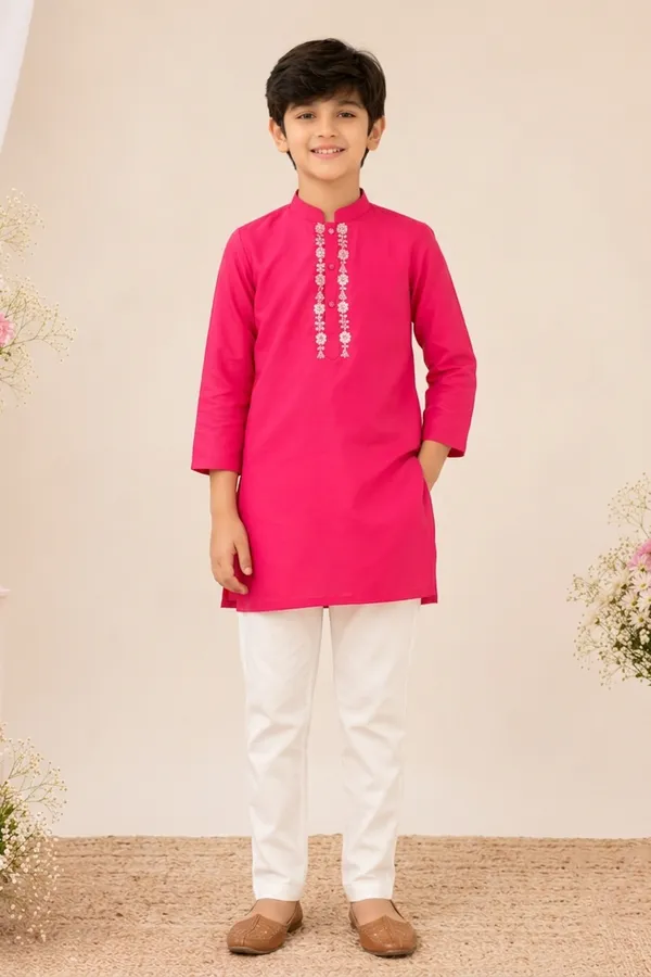 Vibrant_Hot_Pink_Embroidered_Kurta_Paired_With_White_Pants_Hot_Pink