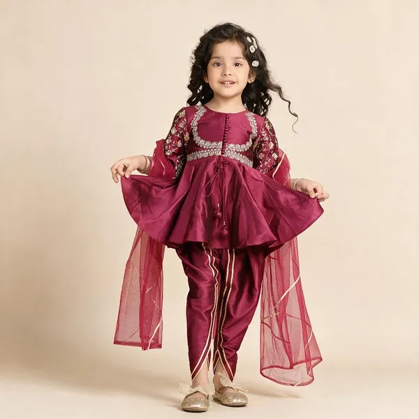 Potli_Button_Detail_Front_Open_Pink_Kurti_And_Dhoti_With_Net_Dupatta_Pink