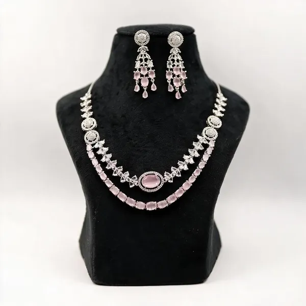 Silver_Tone_Pink_Stone_Necklace_And_Earrings_Set_For_Women