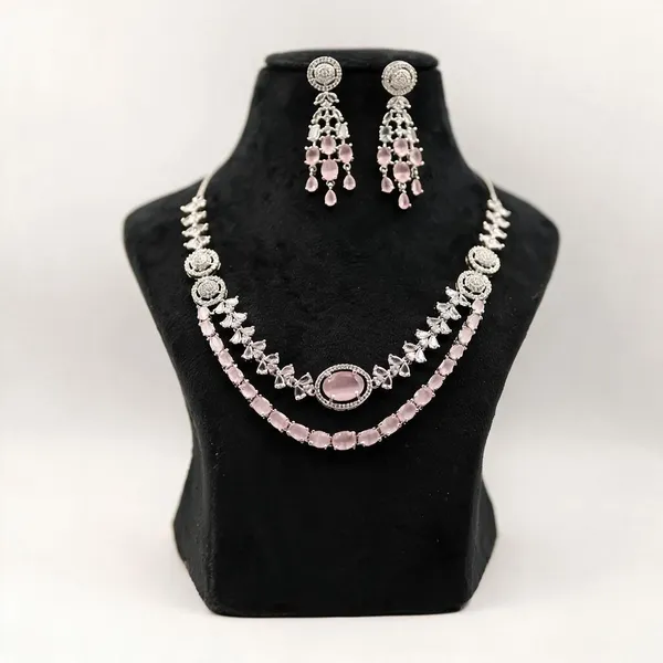 Silver_Tone_Pink_Stone_Necklace_And_Earrings_Set_For_Women