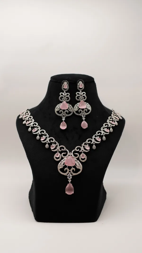 Silver_Tone_Pink_Stone_Necklace_And_Earring_Set_For_Women