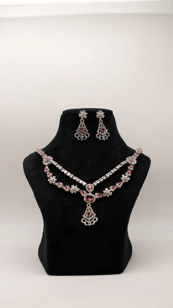 Silver_Tone_Pink_Stone_Necklace_And_Earring_Set_For_Women