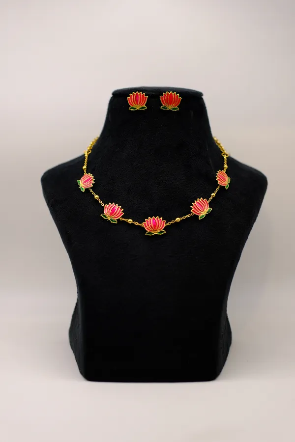 Gold_Tone_Lotus_Necklace_And_Earrings_Set_For_Women_-_Pack_Of_3