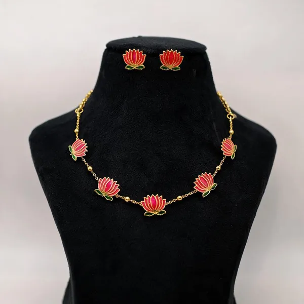 Gold_Tone_Lotus_Necklace_And_Earrings_Set_For_Women_-_Pack_Of_3