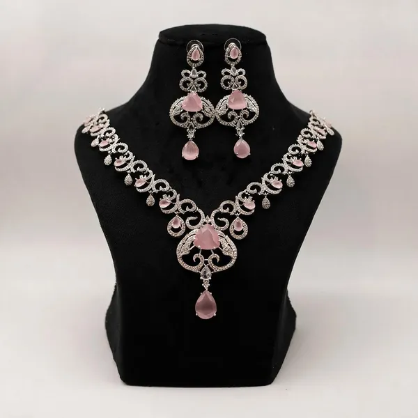 Silver_Tone_Pink_Stone_Necklace_And_Earring_Set_For_Women