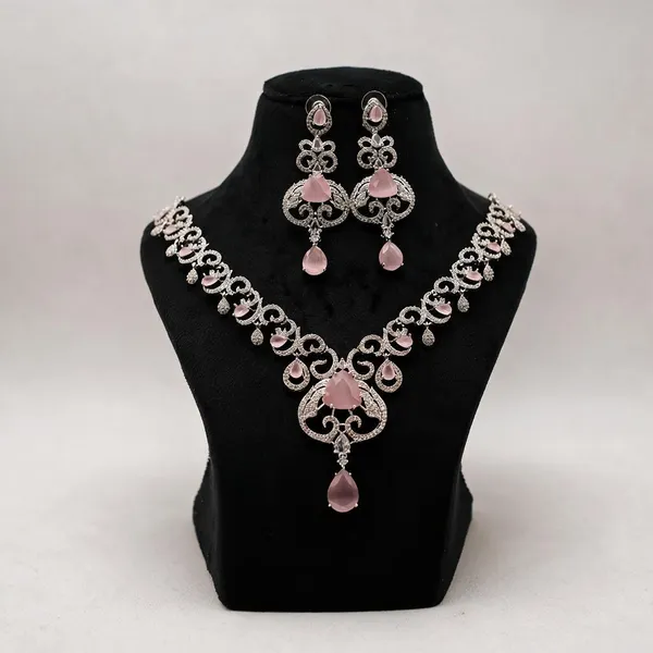Silver_Tone_Pink_Stone_Necklace_And_Earring_Set_For_Women
