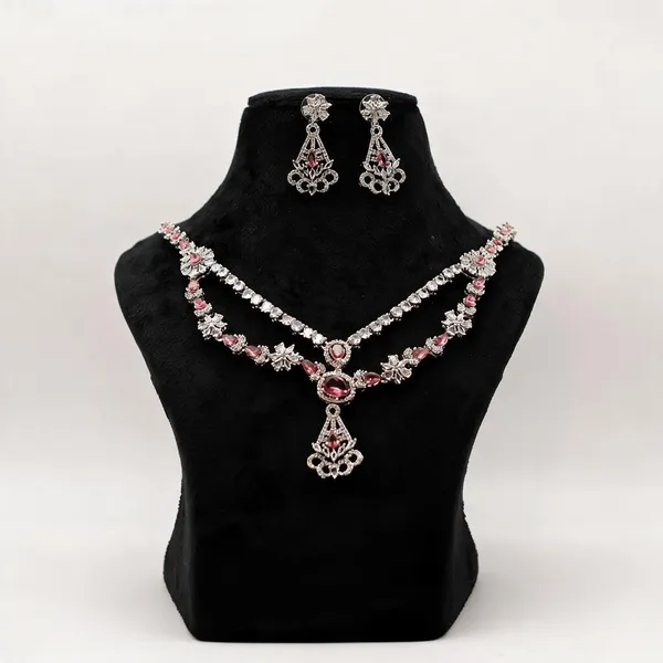 Silver_Tone_Pink_Stone_Necklace_And_Earring_Set_For_Women