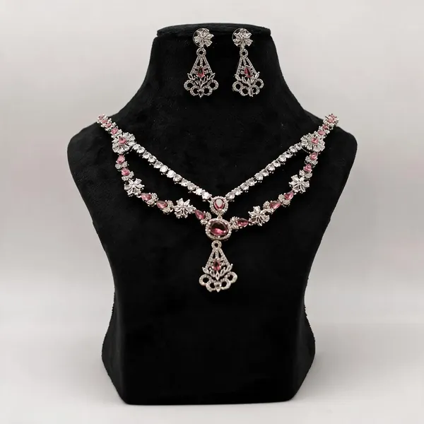 Silver_Tone_Pink_Stone_Necklace_And_Earring_Set_For_Women