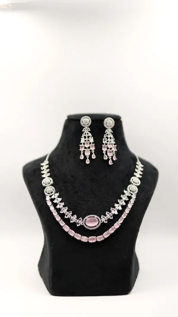 Silver_Tone_Pink_Stone_Necklace_And_Earrings_Set_For_Women