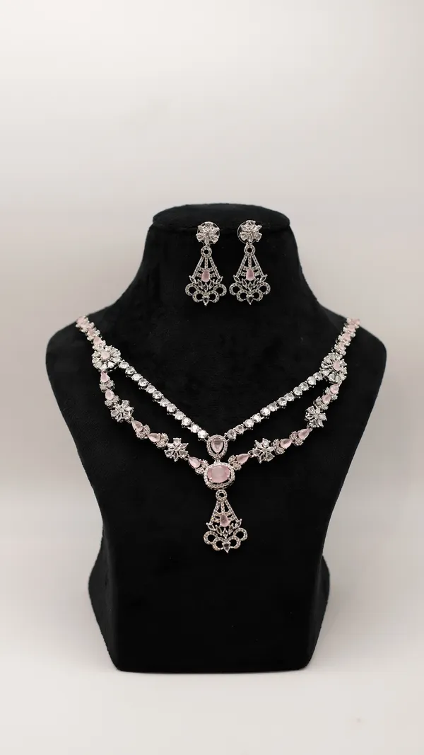 Silver_Tone_Pink_Stone_Necklace_Set_For_Women